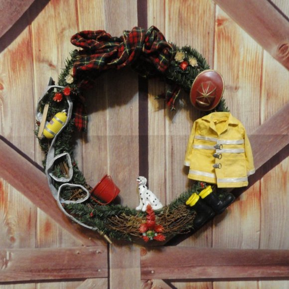 Hand Crafted Other - Fire Fighter Hand made Christmas Holiday Wreath~13" round~Detailed. CUTE